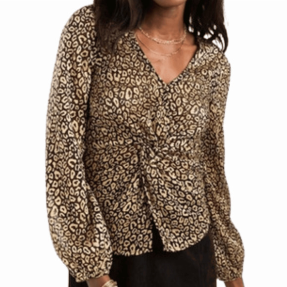 Women's XL LEOPARD PRINT TWIST BLOUSE Black Gold Top elegant shiny sheer - Picture 4 of 8
